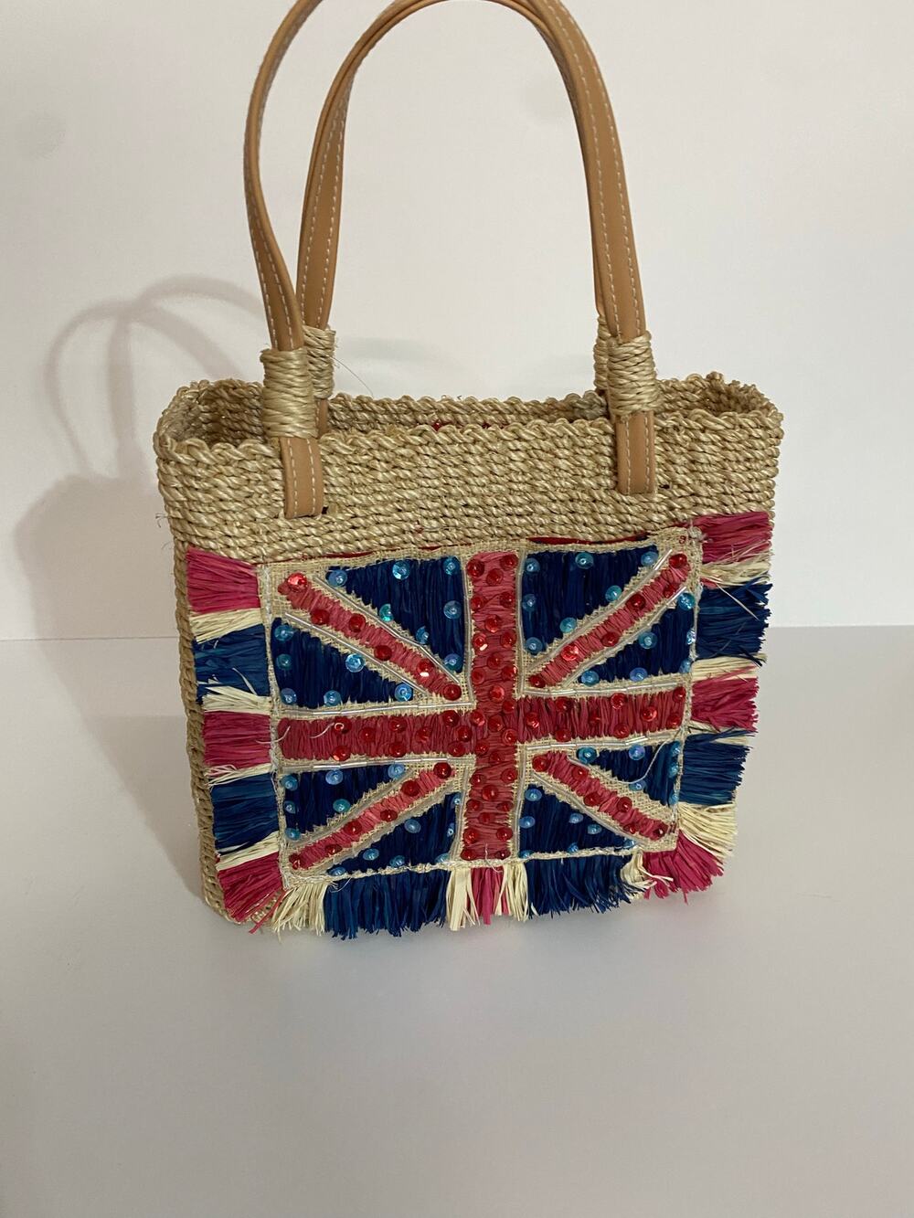 British Sequin Wicker Handled Purse Red Lined Inner Zip Pocket Magnetic Closure